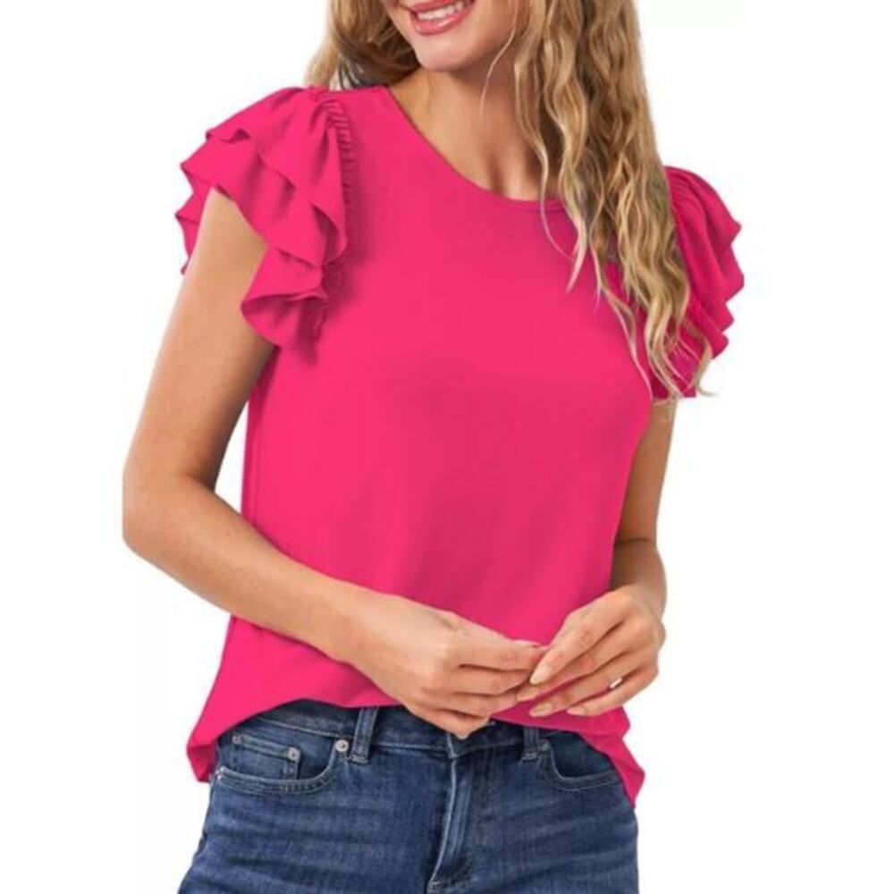 CeCe Women's Bright Rose Ruffled Flutter Sleeve Knit Blouse Top Size Medium